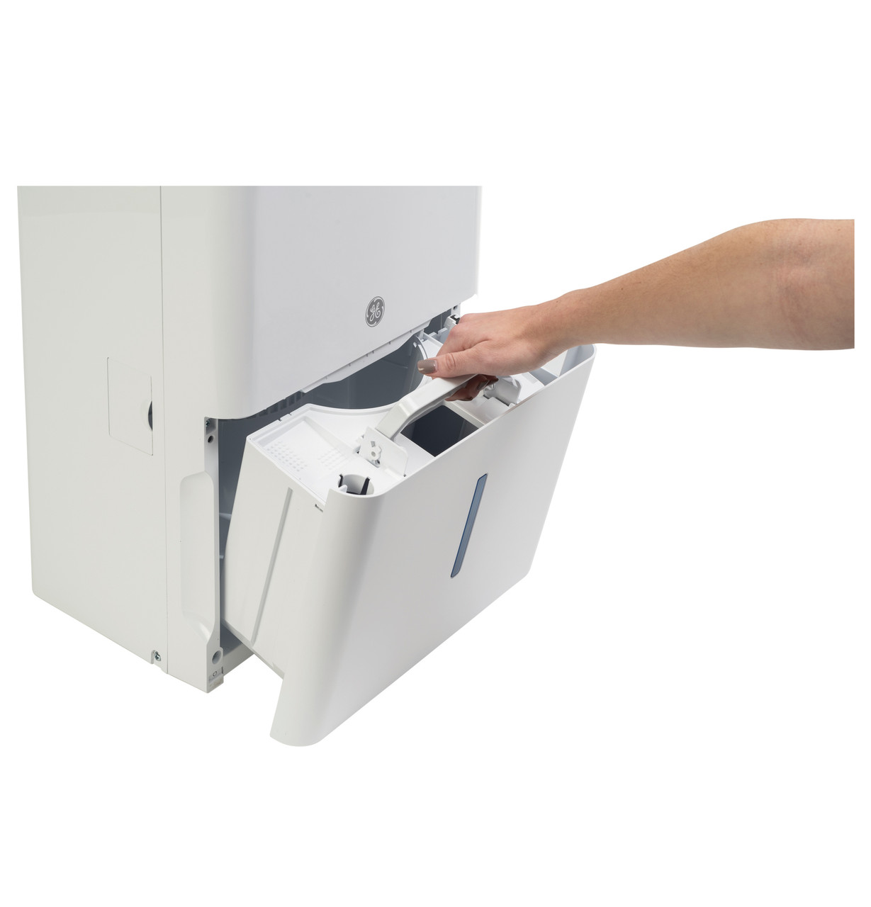 Person pulling the water bucket from a GE ADHL35LA dehumidifier