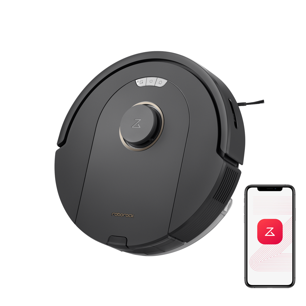 Roborock Q5 Pro robot vacuum with phone showing app